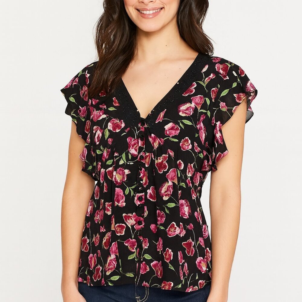 Daniel Rainn Floral Crochet V-Neck Blouse Flutter Sleeve XS NWT Bohemian